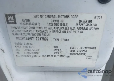 2001 Chevrolet Silverado 1500 из США, поврежденный, VIN 1GCEC14W71Z217897